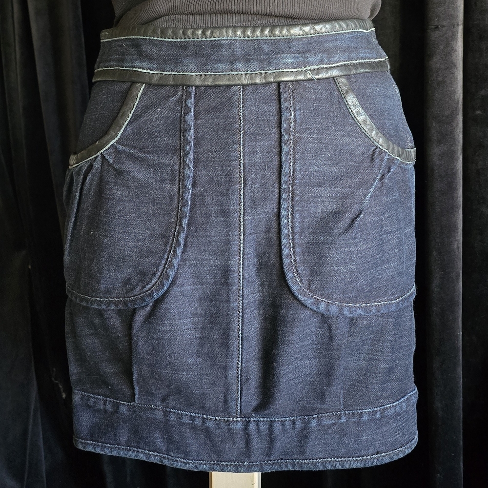 Y2K Emporio Armani Denim mini Bubble Skirt Black Leather Trim